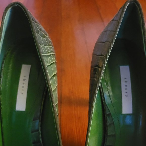 Theory Green Leather Croc Print Heels Sz 39.5 US 8 - Picture 6 of 9